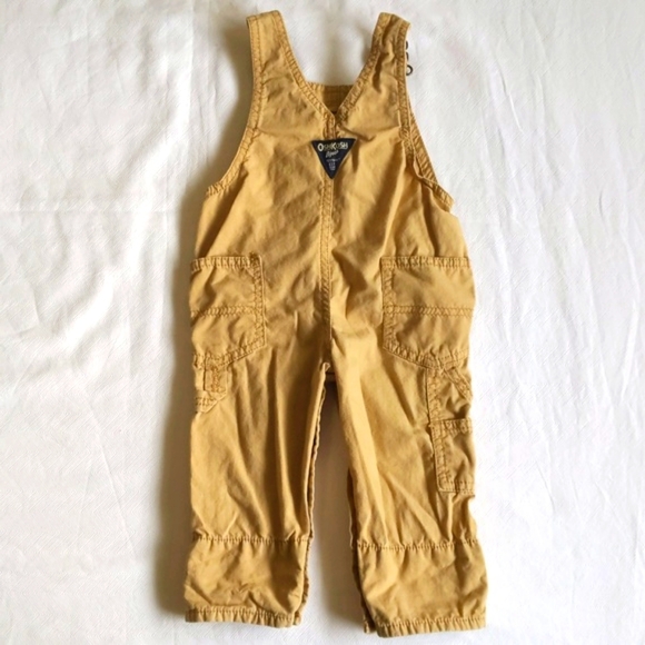 oshkosh b'gosh tan cotton twill carpenter vestbak overalls with plaid 12 months - Picture 6 of 10